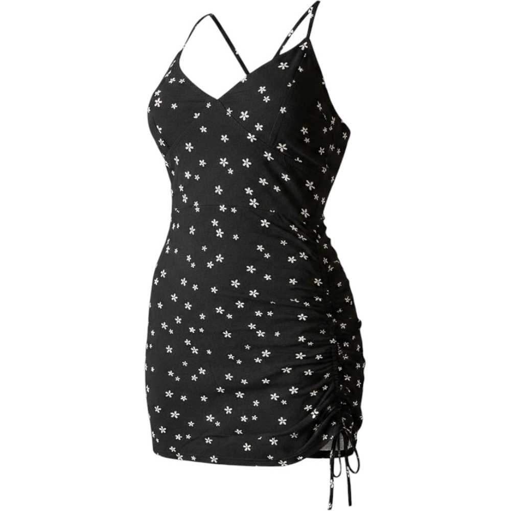 LA Hearts Black Floral Side Ruched Mini Dress Spaghetti Strap V-Neck RN090233